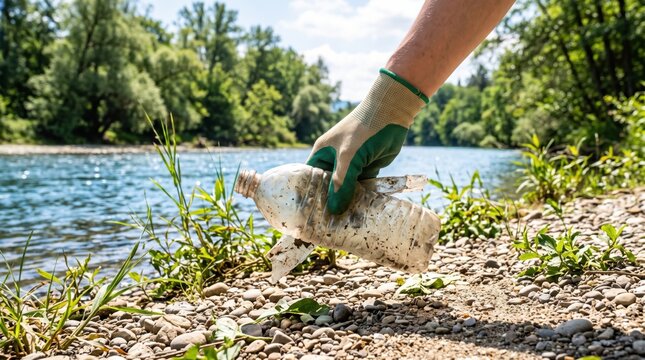 A person wearing a glove picks up a plastic bottle from a rocky riverbank, contributing to environmental cleanup on a sunny day.