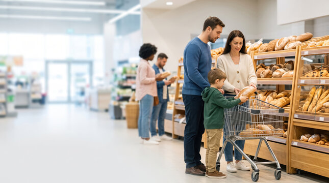 A family is shopping for bread in a grocery store. The father and mother are looking at baked goods with their child. Other shoppers are in the background
