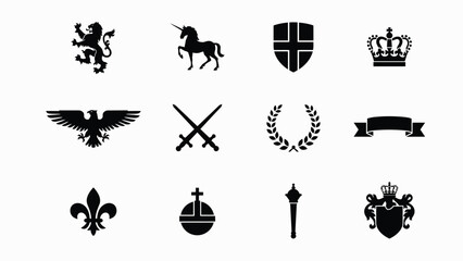 Black and white heraldic symbols arranged in clean grid format on plain background with crossed swords monochrome design Heraldic icons include lions unicorns shields crowns © Mrittunjoy