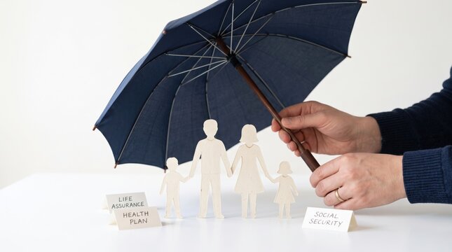 A hand holds an umbrella protecting wooden cutouts of a family, symbolizing protection through life assurance, health plan, and social security.