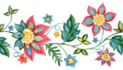 Seamless border in oriental style. Watercolor illustration with a folk style floral ornament. © Tatiana