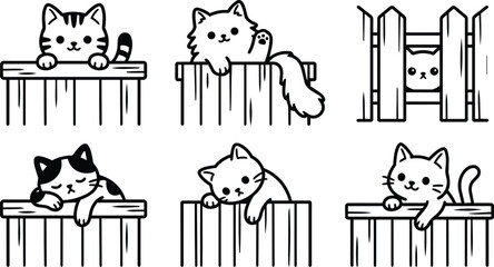 Obraz premium Playful black and white cats lounging on fences and benches in expressive line art
