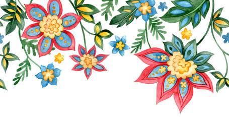 Seamless border in oriental style. Watercolor illustration with a folk style floral ornament. © Tatiana