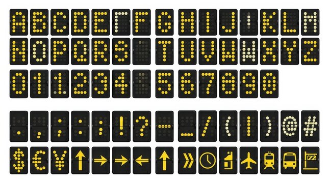 Digital led dot matrix alphabet letters and numbers set on black tiles
