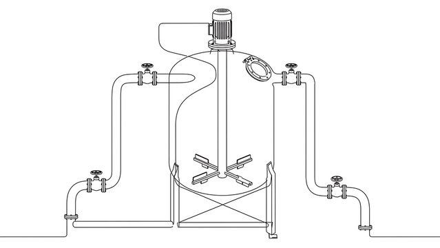 Industrial mixing tank diagram white background.