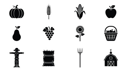 Naklejka premium Harvest icons collection featuring farm produce and rural tools in black with rural symbols arranged grid pattern white silhouettes various illustration agriculture handmade