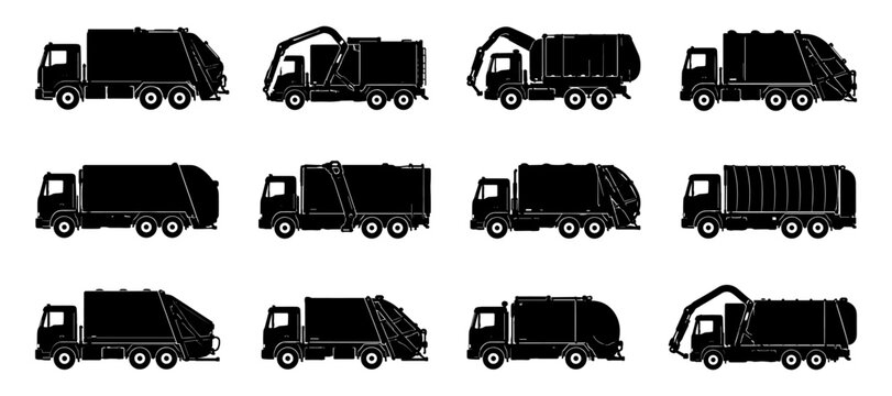 Garbage truck silhouette collection with twelve different refuse and waste collection vehicles featuring compactors, containers and lifting equipment in side view