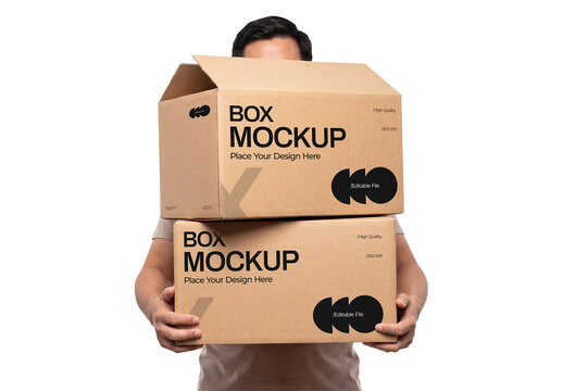 Man Holding Stacked Cardboard Box Mockup