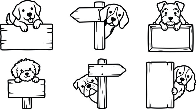 Cute puppies peeking over blank wooden signs and directional posts in black and white line art