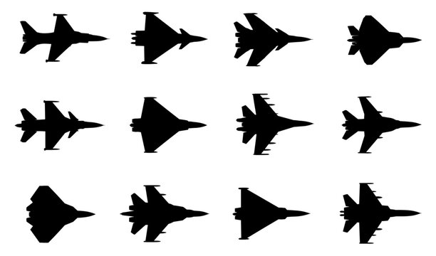 Fighter jet silhouette collection with twelve different military aircraft shown from above featuring varied wings, tails and aerodynamic combat aviation profiles