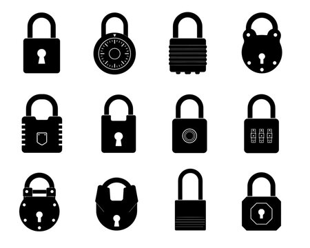Padlock silhouette collection with twelve different locks featuring keyholes, combination mechanisms, shackles and varied security hardware designs for protection