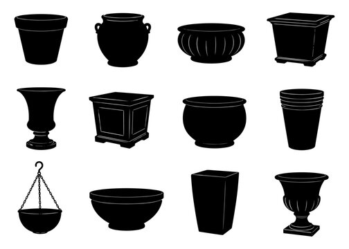 Flower pot silhouette collection with twelve different planters and containers featuring round, square, hanging and decorative shapes for gardening and landscaping projects