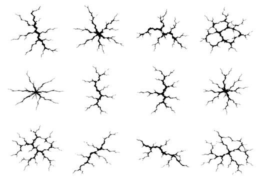 Ground crack silhouette collection with twelve different fractured surface patterns featuring branching fissures and irregular splits for damage, earthquake