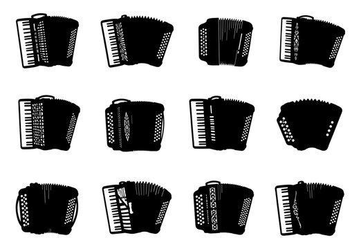 Accordion silhouette collection with twelve different musical instruments featuring piano keys, button layouts, bellows and decorative details for traditional music