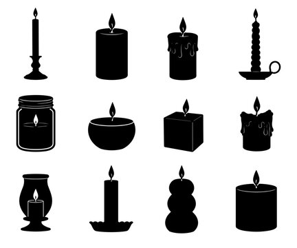 Candle silhouette collection with twelve different burning candles featuring holders, jars, wax drips and decorative shapes for lighting, relaxation and celebration