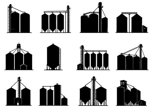 Grain silo silhouette collection with twelve different agricultural storage facilities featuring towers, elevators, conveyors and grouped containers for farming