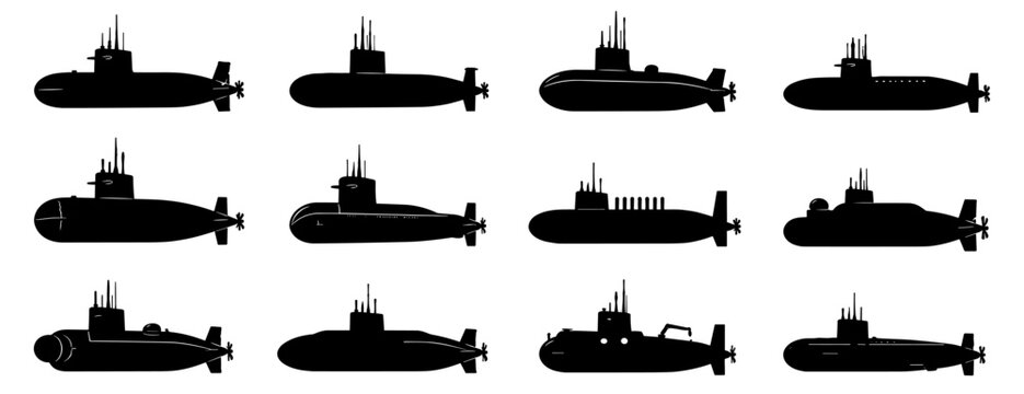 Submarine silhouette collection with twelve different underwater vessels featuring conning towers, propellers, antennas and streamlined hull designs for nautical themed projects