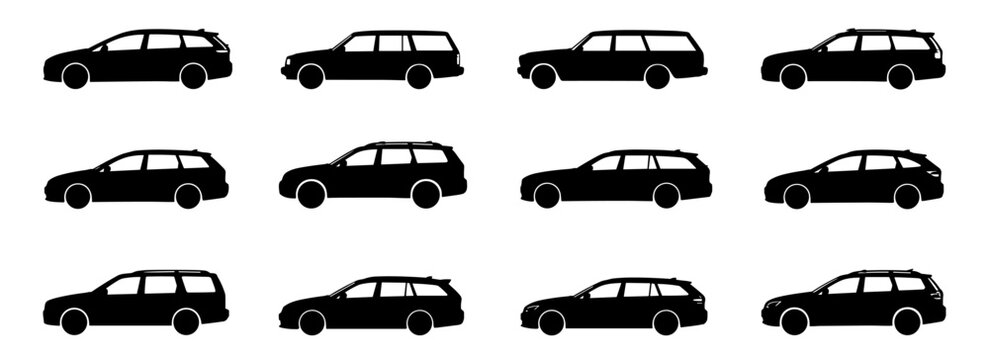 Station wagon silhouette collection with twelve different family cars featuring elongated roofs, cargo areas and varied modern vehicle profiles in side view