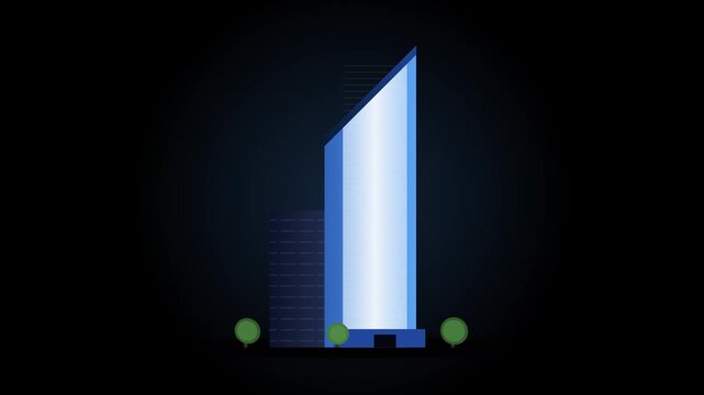 Modern blue skyscraper office building with green trees at base in flat design style for corporate business and urban architecture