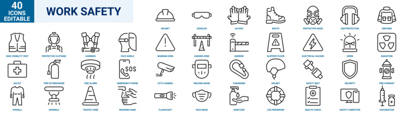 Work Safety Outline Icons &ndash; 40 Linear Vector Icons. Editable Stroke