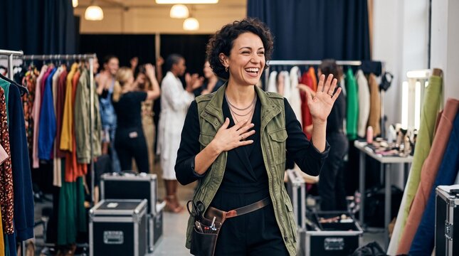 fashion designer backstage, Young woman waving and smiling in busy backstage fashion studio  