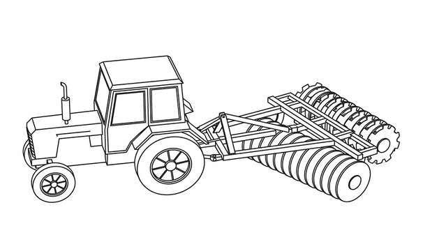 Farm tractor with hay baler on white background.