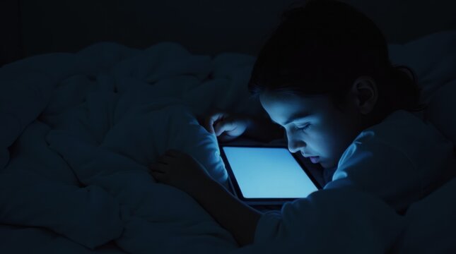 Un adolescente acostado de lado en la cama, concentrado en la pantalla de una tableta que sostiene cerca de la almohada
