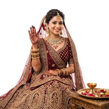 Diwali Portrait of Bride in Maroon and Gold Lehenga with Mehendi on Hands on Transparent Background