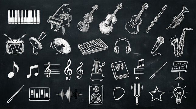Set of hand-drawn musical instruments and symbols in chalk style on a black background.