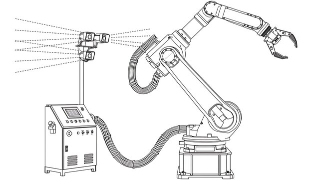 Industrial robotic arm with control unit white background.