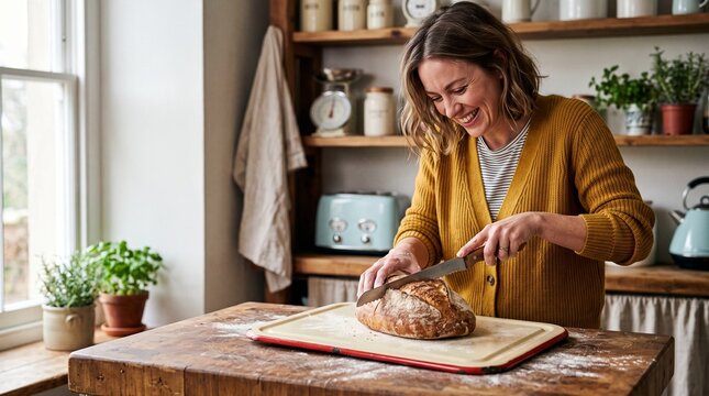 Retro kitchen breadboard, Middle-aged woman slicing fresh bread in cozy home kitchen
