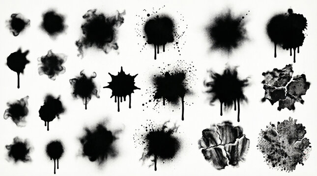 Abstract charcoal dust clouds and gritty ink splats on white surface.
