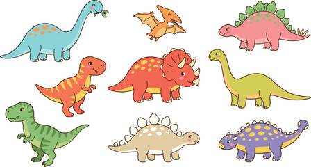 Colorful Cute Dinosaur Icon Set with Brachiosaurus, Triceratops, Stegosaurus, Pterodactyl, and Ankylosaurus Elements for Kids Designs © MdJamanur