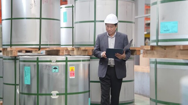 Industrial engineer wearing a hard hat audits large packaged materials in a factory warehouse while reviewing documents on a laptop for quality control and business operations.