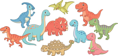 Cute Cartoon Dinosaur Group Icon Set with T-Rex, Triceratops, Ankylosaurus, Parasaurolophus, and Brachiosaurus Elements © MdJamanur
