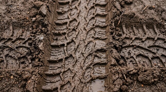 Deep tire tracks embedded in wet dark mud on a rural off-road path during rainy weather for transportation challenges and off-roading journey concept