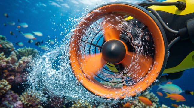 Underwater drone propeller in action near a coral reef  