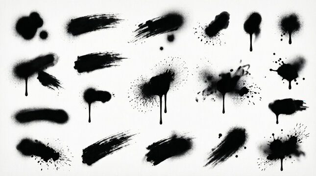 Black spray paint brush strokes and ink splatters on white background.