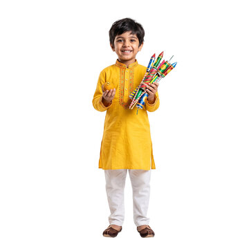 Diwali Portrait of Young Boy in Kurta with Firecrackers and Laddoo on Transparent Background