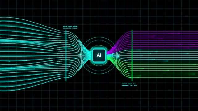 Digital neural network processing information streams through centralized artificial intelligence hub nodes in dark cyberspace with displays digital visualization