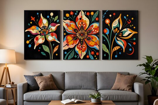 Flower on wall art canvas in three parts. Sofa, lamp, plant and table in room interior.
