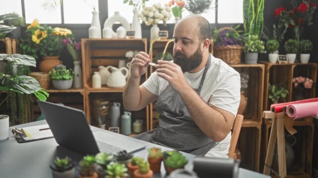 Man florist wearing apron typing on laptop with hands on keyboard among succulents and vases in studio; quiet concentration.