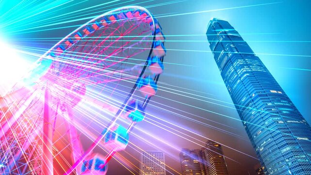 Dynamic streaks of light create a sense of rapid motion blur in a city skyline