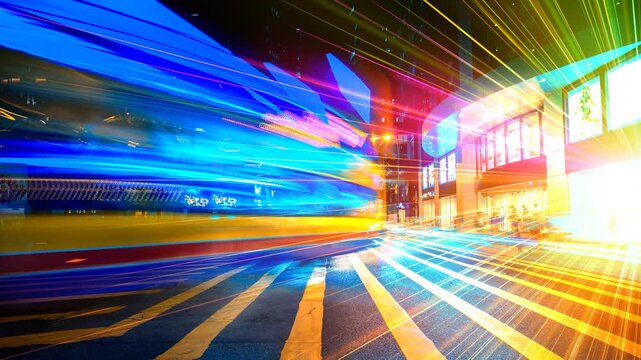 Dynamic motion blur of colorful light trails on a city street