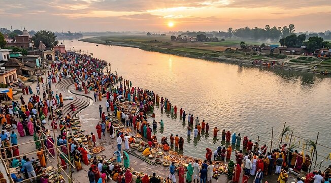 Chhath Puja festival celebration at sunrise with devotees offering arghya along holy river bank in India
