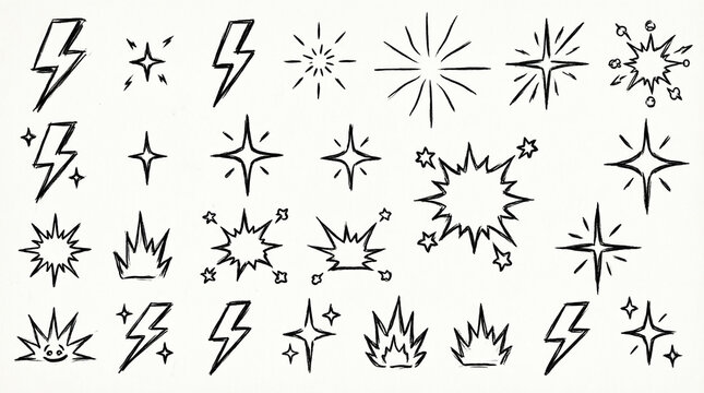 Collection comic explosions stars lightning bolts doodles.