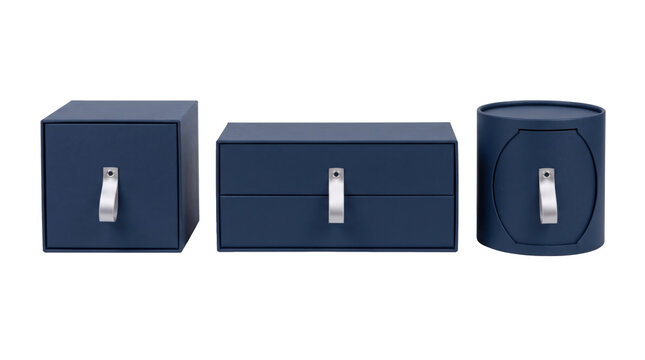 Dark blue modular drawer storage boxes with pull tabs