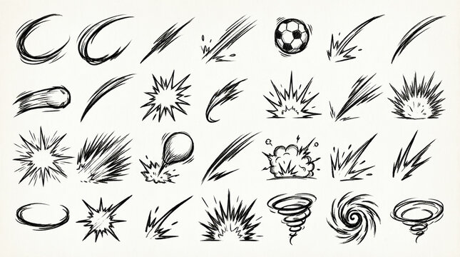 Set of black and white sketch style comic book explosion action effects.