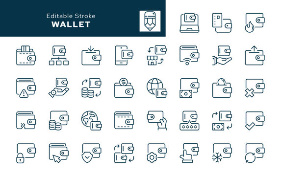 Wallet outline icons set. Purse, billfold, payment, money transfer, pay and more. Line icon in linear style. Vector collection	
