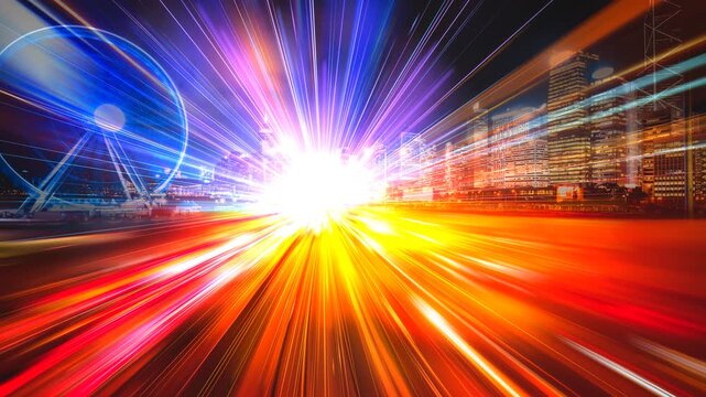 Vibrant city lights streaking with intense motion blur and light effects.